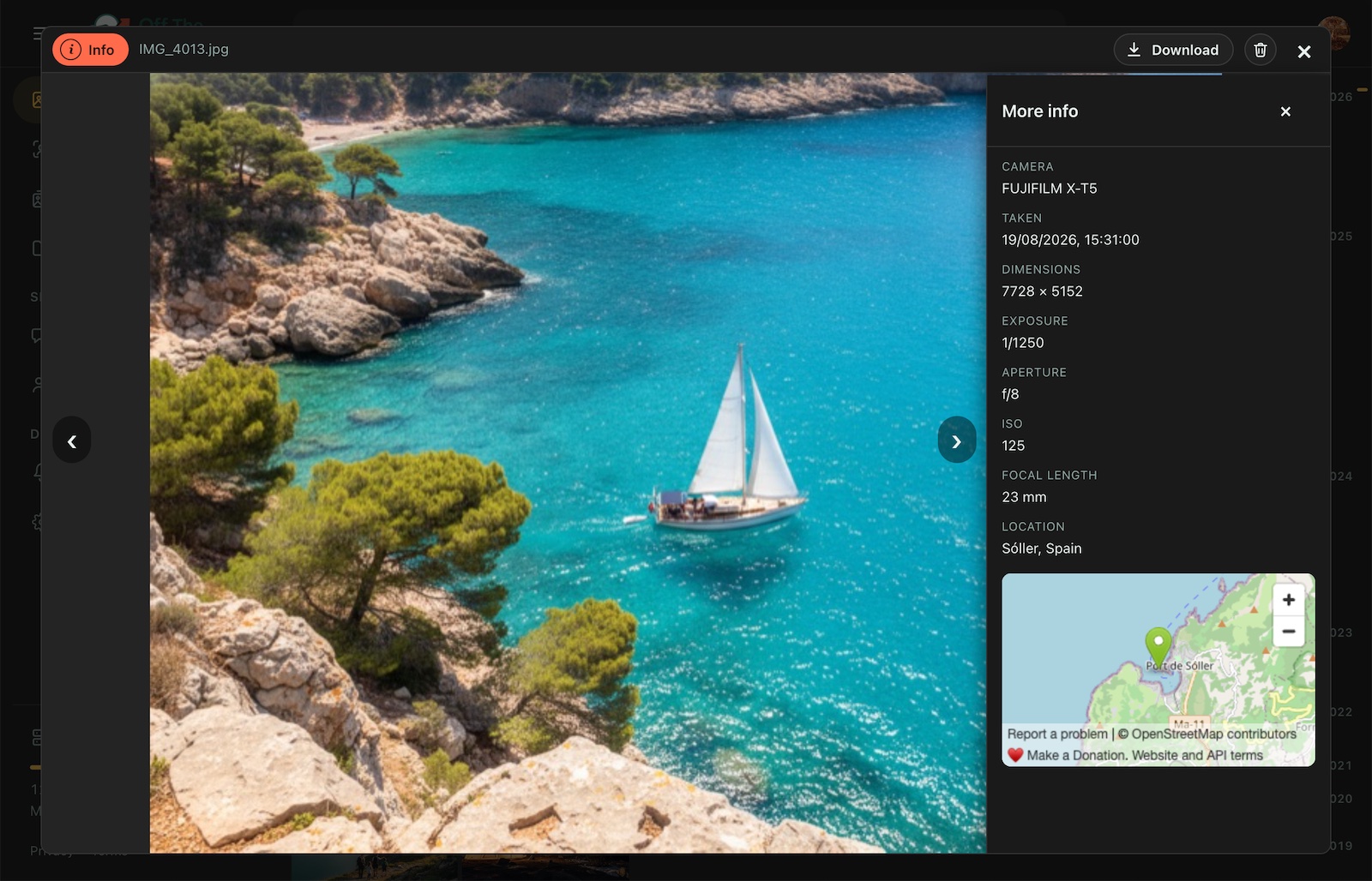 A photo in the web app with More info open: camera, exposure and where it was taken, on a map