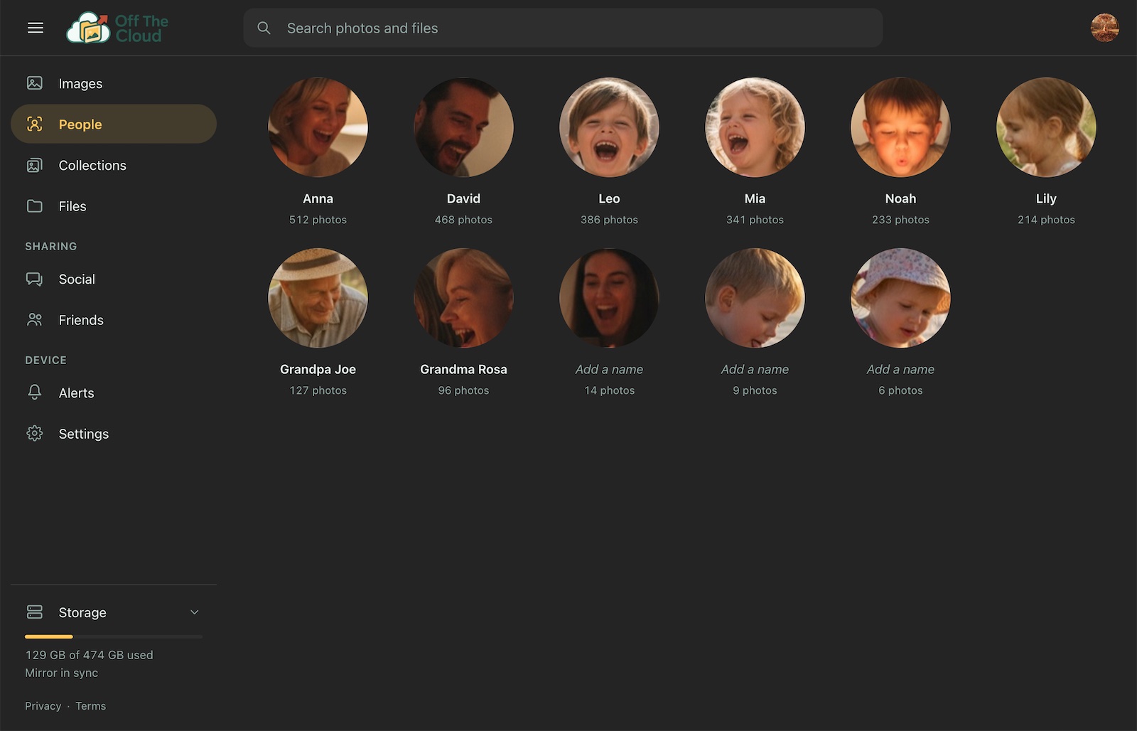 People in the web app: the faces found in your photos, by name