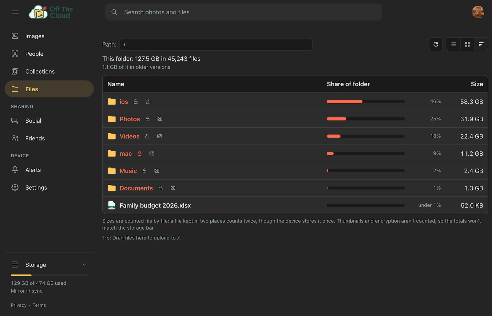 Storage in the web app: how much space each folder takes